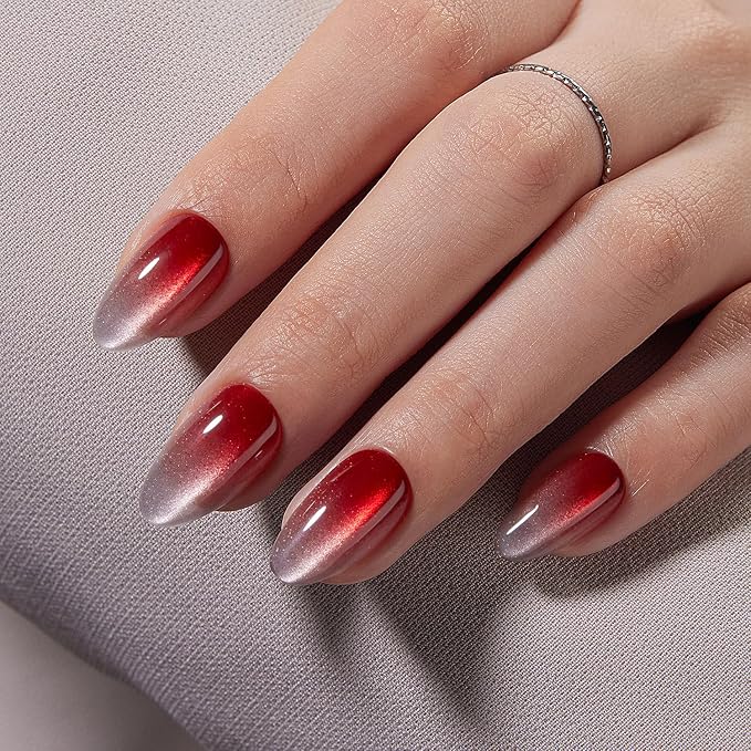VSALON Press On Nails Short Almond, 32 Pcs 16 Sizes Red Cat Eye Press On Ombre Chrome Fake Nails With UV Cure Glue, Reusable Stick On Nails False Nails Kit Valentines Gifts For Women