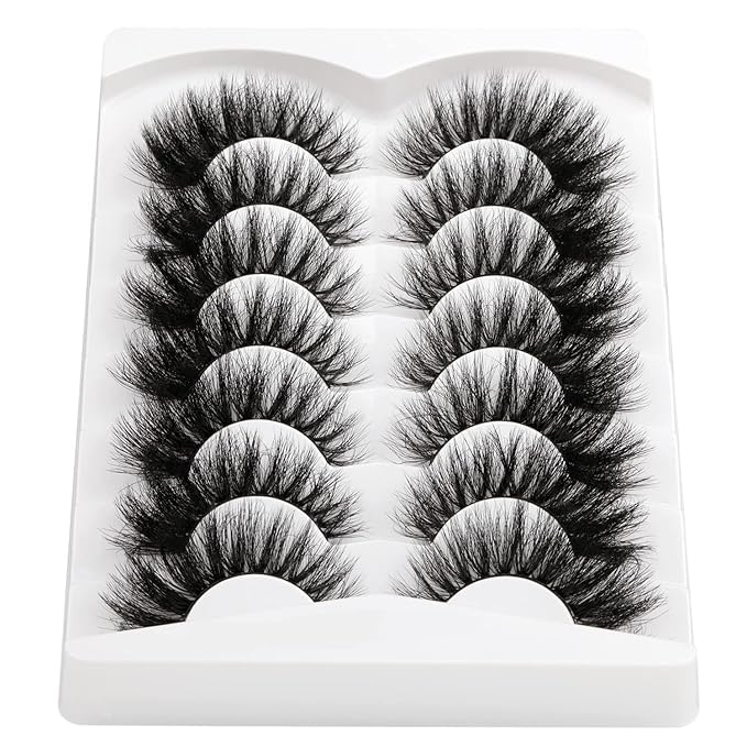Mink Lashes 20mm 8D False Eyelashes Thick Volume Dramatic Cat Eye Lashes 7 Pairs Long Strip Wispy Lashes Pack