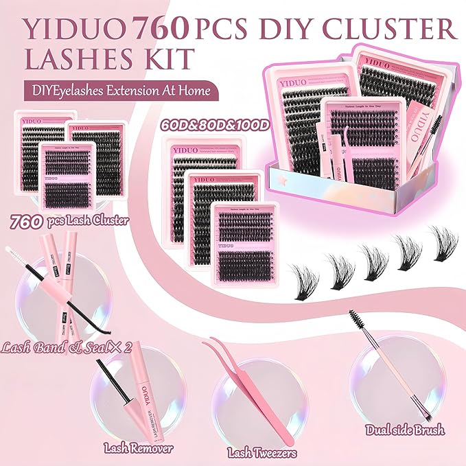 YIDUO Lash Clusters Kit with 2X Bond&Seal 3 Styles 760Pcs Clusters Lashes Extension Volume Soft Eyelash Extension Kit 80D+100D D Curl Wispy Natural DIY Individual Lash Clusters Kit Box for Beginners