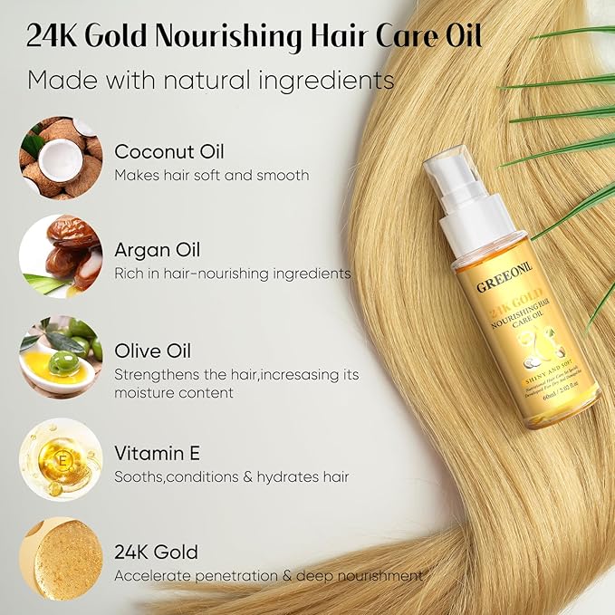 GREEONIL Hair Oil with Argan Oil, Coconut Oil, Olive Oil, Vitamin E for Nourish Hair, Smooth Frizz, Add Shine, Hair Treatment Oil for Women Men Frizzy Damaged Fine Curly Hair, Leave-in, 2Pack