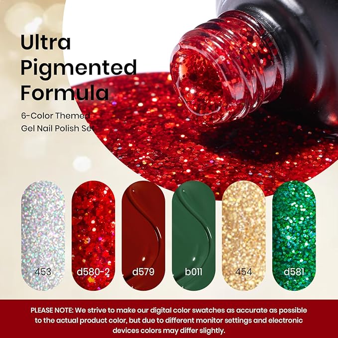 Beetles Gel Nail Polish Set - Valentines Holly Berries 6 Colors Gel Nail Kit with Sparkle Glitter Red Green Gold Silver Shades Holiday Nail Art Gift for Women Soak Off UV LED Nail Gel