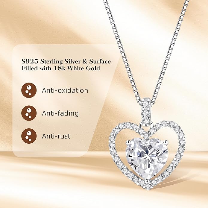 geweio 2CT Moissanite Heart Necklace for Women Wife in Gift Box,S925 Sterling Silver Jewelry for Women,Anniversary Birthday Present for Wife Her Girlfriend,18K Gold/White Gold Filled