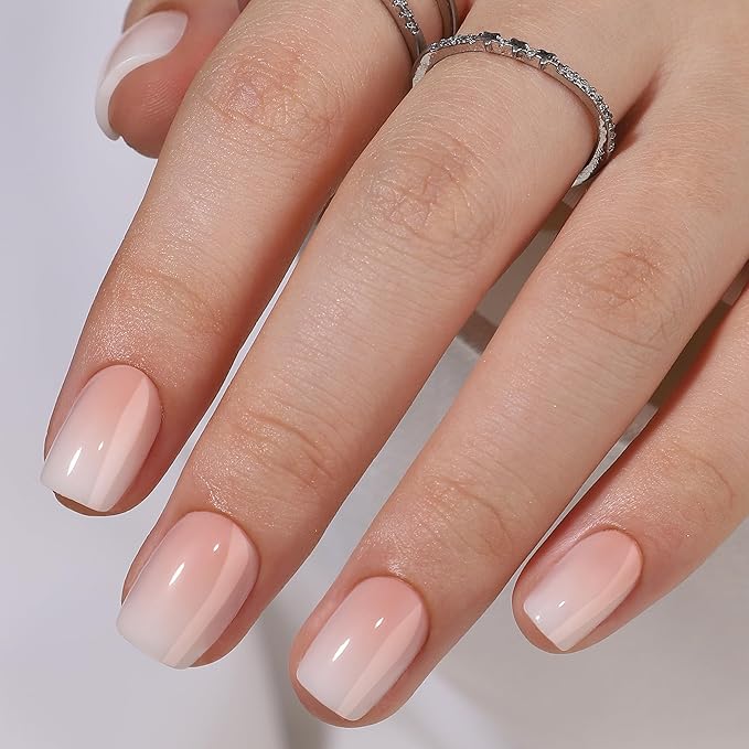 RPNZL Press On Nails - Peach | Short Squoval Ombre French Tip, UV Finish, Reusable Salon Quality | 16 Sizes - 32 Nails, 16 Sizes Kit with Glue and Adhesive Tabs I Female Founded