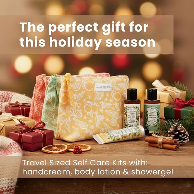 Panier des Sens - Travel Pouch Iris Gift Set - Shower Gel 3.3 fl oz + Body Lotion 3.3 fl oz + Hand Cream 1 fl oz - 97% Natural Ingredients - Made in France, Vegan Friendly Body Care