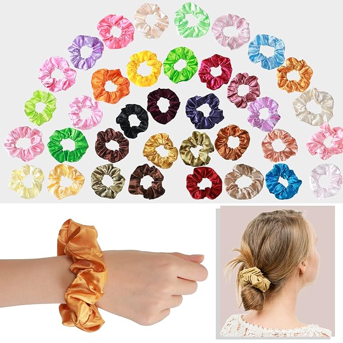 200 Pieces Satin Hair Scrunchies Bulk, 52 Colors Scrunchies for Ponytail Holder Solid Color Satin Hair Tie Hair Elastics Bands for Women Teens Birthday Gift