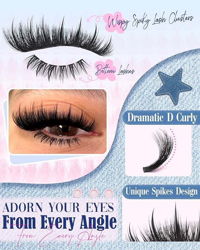 Wispy Lash Clusters Kit Spikes Volume Lash Extension Kit Spiky Eyelash Clusters with Bottom Lashes Thick Individual Lashes D Curly 6-22MM Cluster Lashes Bond and Seal Tweezers by Lvmixwig