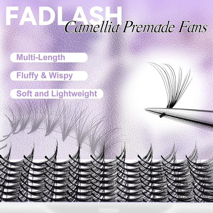 FADLASH Premade Lash Fans Multi Length Hybrid Volume Premade Easy Fans 0.07 Thickness D Curl 16D Multi Length 8-10-12mmmm Camellia Natural Eyelash Extensions(16D-0.07-D, Camellia 8-10-12mm)