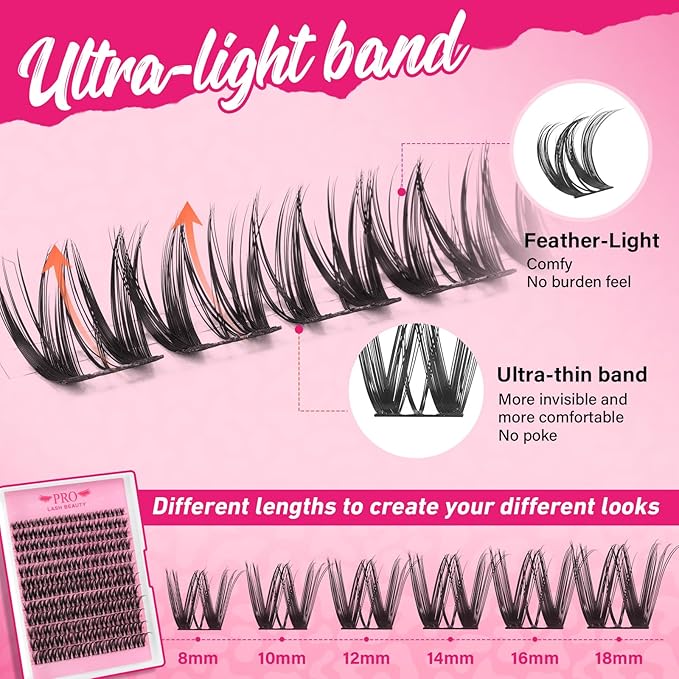 PROLASHBEAUTY Flora Lash Clusters Kit with Lash Bond and Seal Eyelash Applictor Lash Remover DIY Lash Extension Kit for Beginner Waterproof Resuable Eyelash Extensions at Home (Flora,8-18mix)