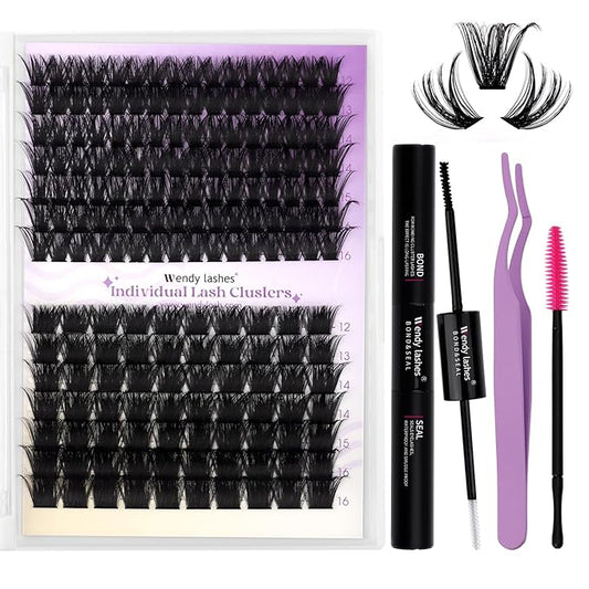 Lash Clusters Kit for Using at Home: Ultra-light, DIY, Natural, Fluffy, Wispy, Waterproof, Anime, Manga, Cat Eye, C Curl, 12-16mm, 100P+200P, Wendy, RT318