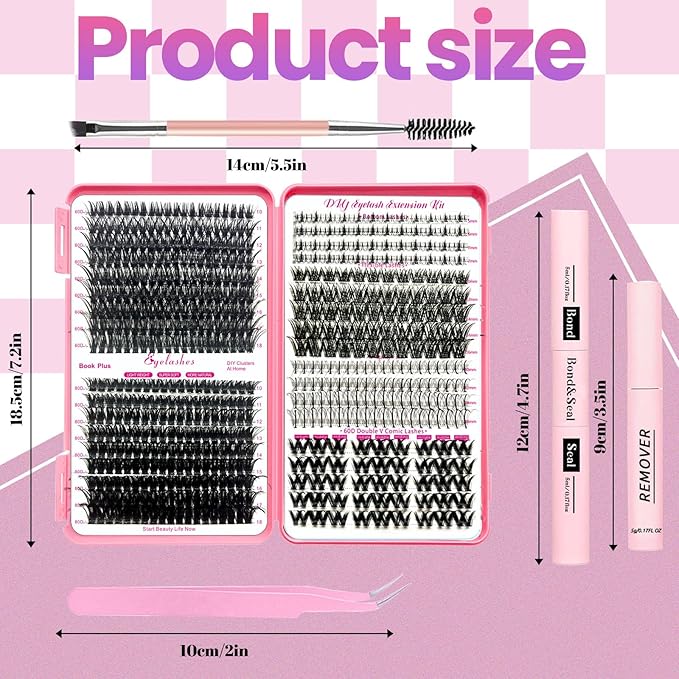 Qiveaory DIY Lash Extension Kit 584 Pcs Individual Lashes Clusters with Bottom Lashes Lash Bond and Seal,Eyelash Remover Tweezers Brush Eyelash Extension Set Lash Books DIY at Home