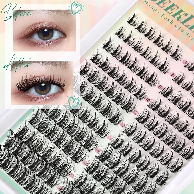 Lash Clusters Manga Eyelash Clusters C Curl Left & Right Spiky Deer Natural Lashes Cluster Cat Eye Cluster 144PCS 8-16MM Mixed DIY Doe Eyed Eyelash Extensions at Home (Heartbeat)