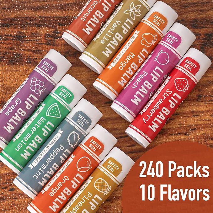 AZEN 240 Pack Lip Balm, Natural Lip Balm Bulk, Lip Care Product, Christmas Stocking Stuffers, Christmas Gifts for Women Girls - 10 Flavors