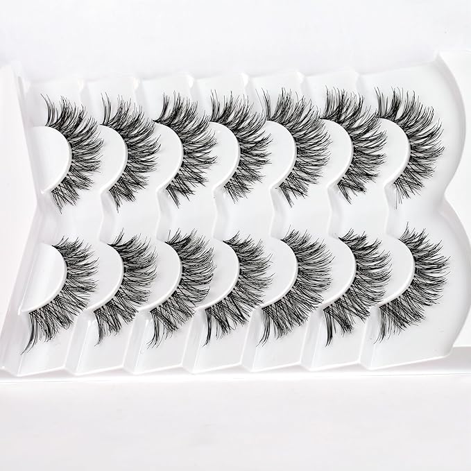 Pooplunch False Eyelashes Hand-Knotted Natural Cat Eye Look Wispy Extensions Fake Eyelash Faux Mink Lashes Strips 7 Pairs Pack