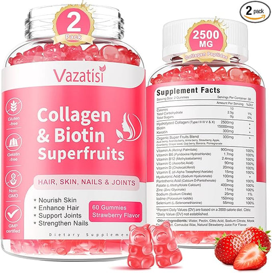 Vazatisi 2 Pack Sugar Free Collagen Gummies for Women Men, Multi Collagen Peptides Gummies Type I II III V X with Biotin Vitamin A B C D E for Hair Skin Nails, Strawberry Flavor, 120 Count