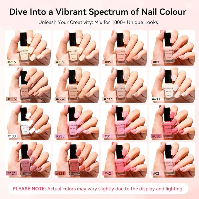 Nailshion Nail Polish Set with Base-Top Coat 16 Colors Nude Pink Beige Rose Neutral Collection Skin Tones Milky Fingernail Polish with Remover Pads, Nail Art Manicure Salon DIY at Home for Women