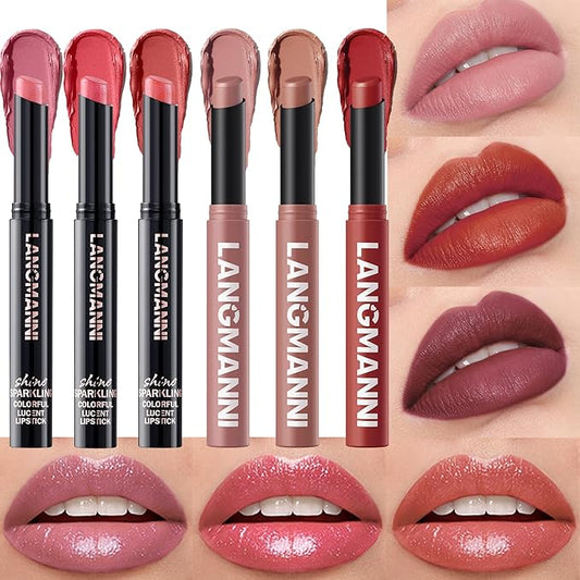 Jolilab 6Pcs Glitter Lip Kit - Velvet Matte & Nude Matte Lipstick + Glitter Lip Gloss/Glitter Lipstick High Pigmented Long-Lasting Waterproof Beauty Cosmetics Gift for Women(SET C)