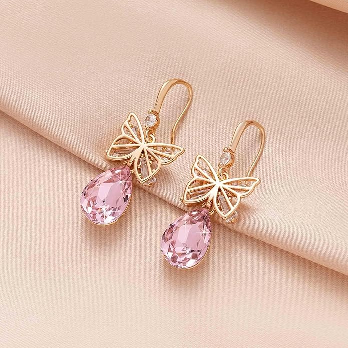 Austrian Crystal Teardrop Butterfly Drop Dangle Earrings for Women 14K Rose Gold Plated Hypoallergenic Jewelry