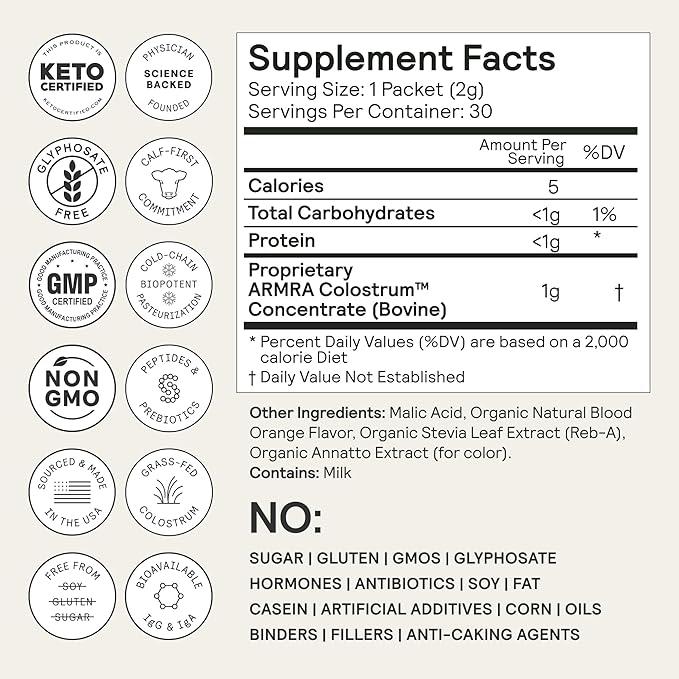 ARMRA Colostrum Powder | Blood Orange | Gut Health & Bloating | Skin & Hair | Immunity | Keto, Gluten & Fat-Free | 60 Servings
