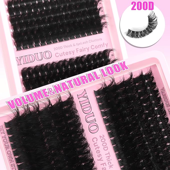 YIDUO Lashes Clusters Kit 200D Volume EyeLash Clusters 12-22MM D Curl Wispy Lashes Extensions Kit 180pcs Thick Individual False eyelashe Extension with Bond and Seal |Tweezers |Removers |Eyelash Brush