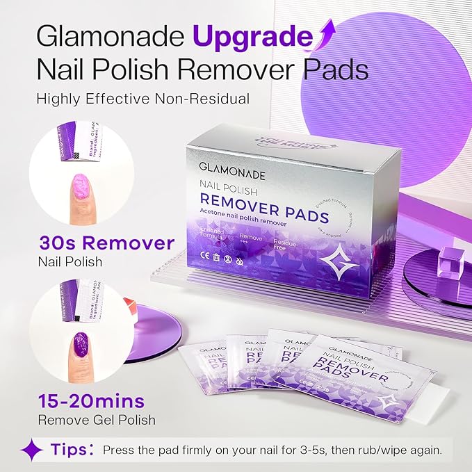 Glamonade Nail Polish Remover Pads: Acetone Nail Polish Remover Wipes 50 PCS Professional Individually Wrapped Wet Wipes Rapidly Remove Gel Fingernail Polish Travel Kit for Home & Salon Supplies