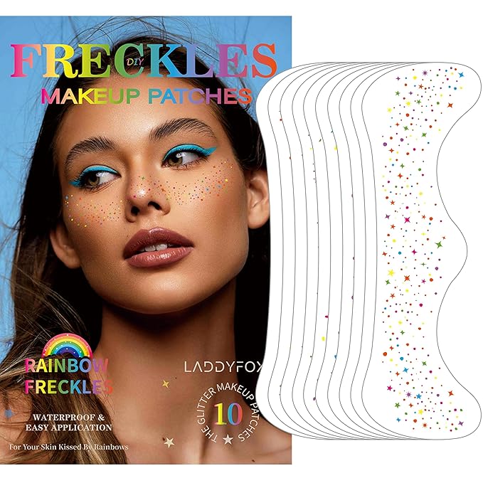 10 Pcs Colorful Glitter Freckles Face Tattoos, Carnival Multichrome Rainbow Glitter Freckles Face Tattoos, Waterproof and Long-lasting Face Temporary Tattoos for Women