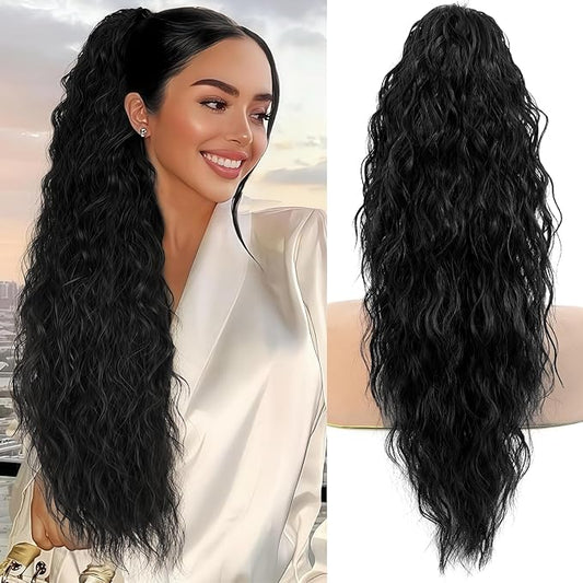 Ponytail Extension, Claw Clip on Pony tails Hair Extension for Women 22 Inch Long Wavy Curly Fake Ponytail Clip in Hair Pieces for Women Fluffy Natural Looking (Black, 22 Inch)