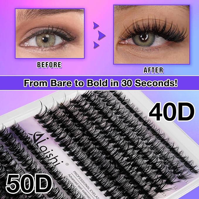 AILAISHI Lash Clusters, DIY Cluster Eyelash Extensions 9‑16mm, 40D+50D, 280pcs Fluffy D Curl Natural Lashes–Fake Cat Eye Wispy Individual Clusters