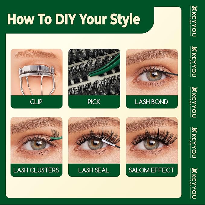 KEYYOU DIY Lash Extension Kit 300pcs 80D D Curl Soft Lash Clusters Easy to Apply with Lash Bond and Seal Applicator and Remover Eyelash Extension Kit at Home(RMkit-80D-D-9-18mix)