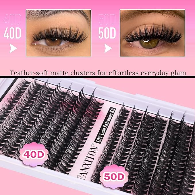 FANXITON DIY Individual Eyelash Extension Kit, Thick Volume Lash Clusters 40D+50D D Curvature, 280 Pieces Thin Band Cluster Lashes with Bond and Seal Tweezers