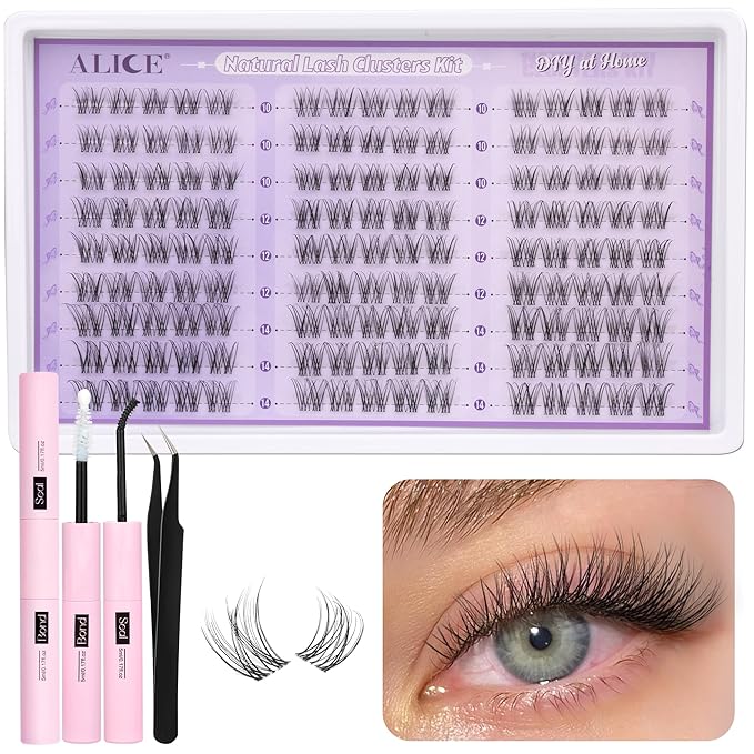 ALICE Natural Lash Extension Kit Lash Clusters Kit Wispy Cluster Eyelash Extension Kit with 135pcs Clear Band C-Curly 10-14mm Eyelash Clusters Lash Glue Bond and Seal