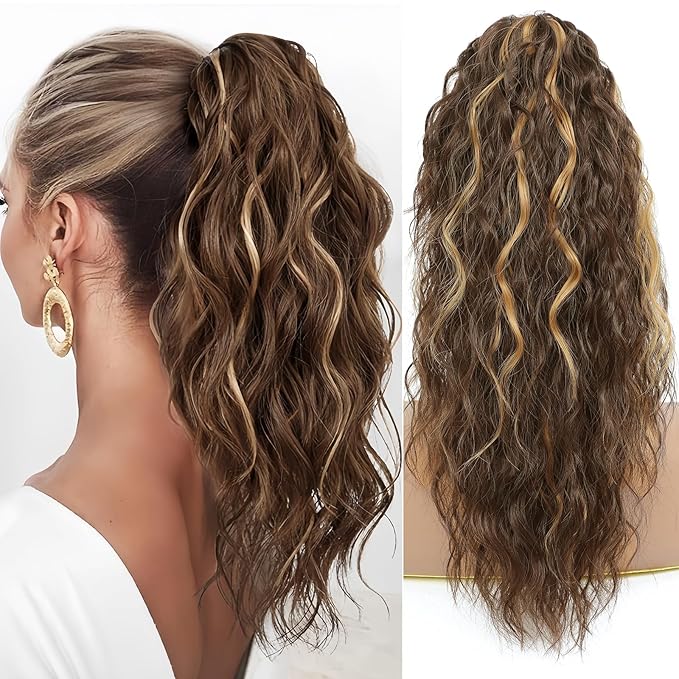 Ponytail Extension, Claw Clip on Pony tails Hair Extension for Women 18 Inch Long Wavy Curly Fake Ponytail Clip in Hair Pieces for Women Fluffy Natural Looking (Dark Chestnut with Blonde Highlights)