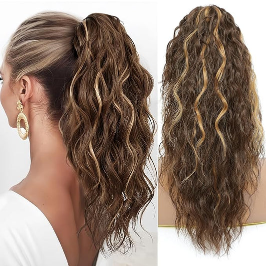 Ponytail Extension, Claw Clip on Pony tails Hair Extension for Women 18 Inch Long Wavy Curly Fake Ponytail Clip in Hair Pieces for Women Fluffy Natural Looking (Dark Chestnut with Blonde Highlights)