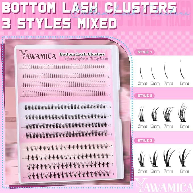 Yawamica Bottom Lash Clusters DIY Lower Eyelash Extensions 5-8mm 3 Styles Mixed Eyelash Clusters Wispy Cluster Eyelash Extensions Natural Bottom Individual Lashes 240pcs Clusters Lashes DIY Under Lash