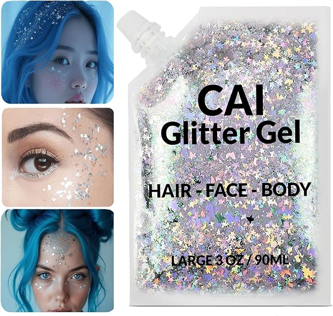 Face, Body & Hair Glitter Gel – Halloween Glitter for Kids and Women – 3 Oz Cosmetic-Grade Gel w/Moon & Stars for Festivals & Halloween Party, Easy Apply & Wash Off - Blue/Silver 2Pack