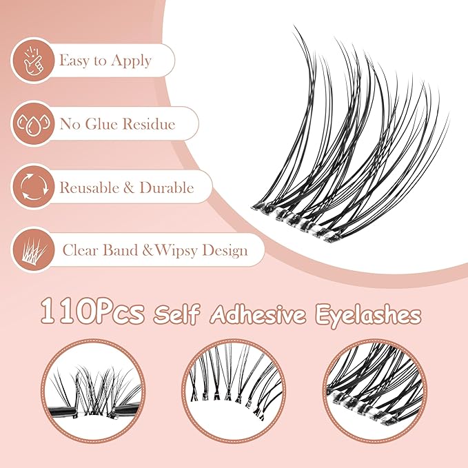 Self Adhesive Eyelashes, 112Pcs Clear Band Lash Clusters, Wipsy Pre-Glued Eyelash Clusters, No Glue Needed Press On Invisible Band Resuable Eyelashes(SC15)