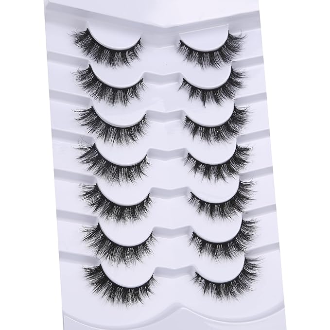 Pooplunch False Eyelashes Cat Eye Lashes Natural Clusters Short 8D Volume Wispy Faux Mink Lashes Fake Eyelash Strips 7 Pairs Pack