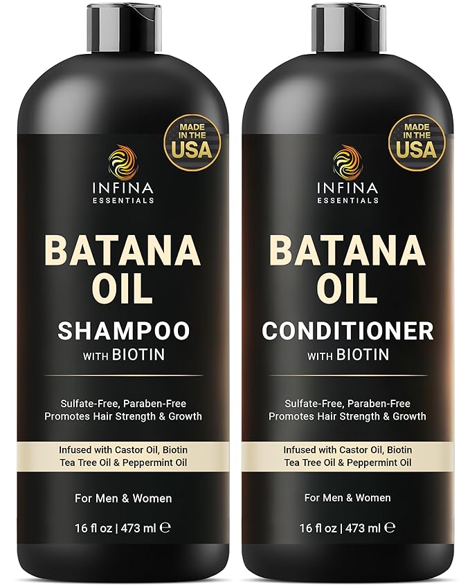 INFINA ESSENTIALS Batana Oil Shampoo and Conditioner Set | 16 fl oz Each | with Biotin & Tea Tree | Moisturizing, Strengthening & Nourishing Formula | Promotes Hair Growth and Thickness
