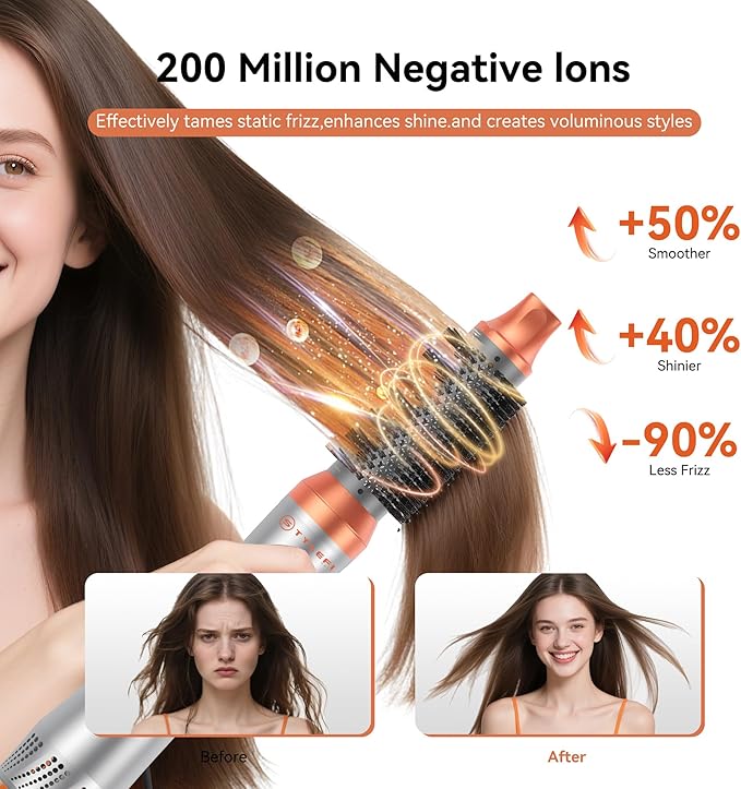 5 in 1 Blow Dryer Brush,110-120V Hair Dryer Brush, Fast Drying & 3 Adjustable Temperatures Hot-Air Hair Brushes, Detachable Hair Styler Set for Curling/Volumizing/Straightening/Styling (Silver-Orange)