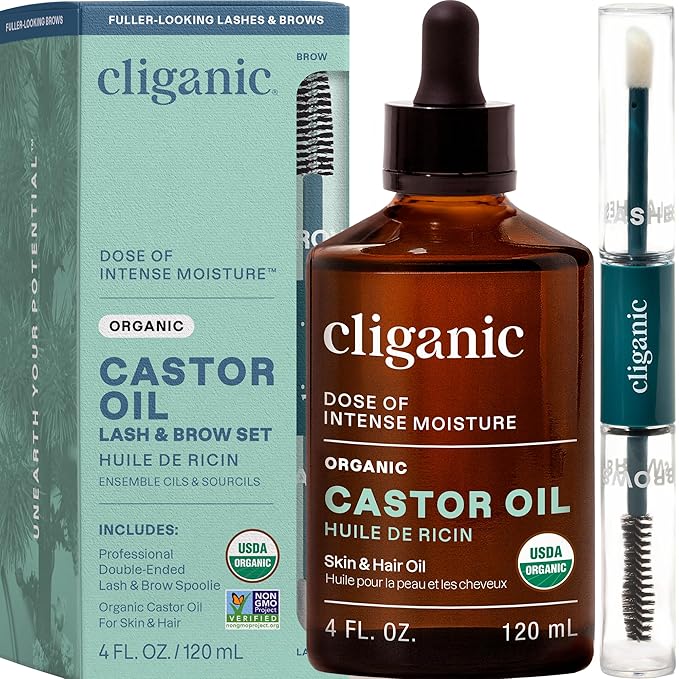 Cliganic Organic Castor Oil, 100% Pure (4oz Glass Bottle with Eyelash Kit) - For Eyelashes, Eyebrows, Hair & Skin