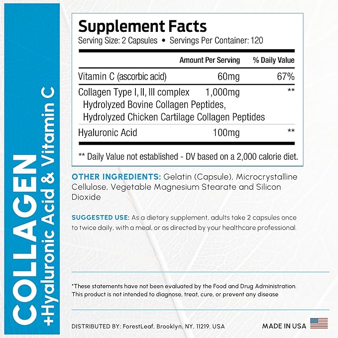 ForestLeaf Multi Collagen Pills - Collagen Men & Collagen Women - Hydrolyzed Collagen Supplements with Vitamin C & Hyaluronic Acid - Collagen Capsules for Hair, Skin & Nails (240 Peptide Capsules)