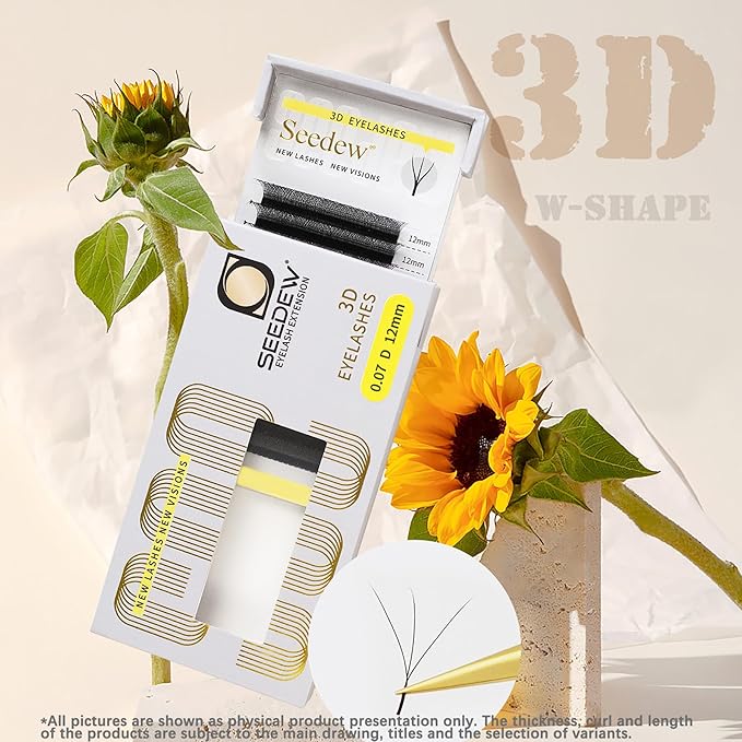 SEEDEW 3D Lash Extensions, 0.07mm C Curl 10mm 12 Rows/Tray, W Shape Flat Stem, Korean PBT Soft Natural False Eyelashes Grafting for Beginner Artist, Lash Tech, Beauty Salon(3D-Matte Black-0.07-C-10mm)