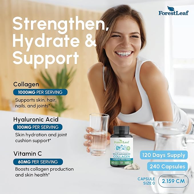 ForestLeaf Multi Collagen Pills - Collagen Men & Collagen Women - Hydrolyzed Collagen Supplements with Vitamin C & Hyaluronic Acid - Collagen Capsules for Hair, Skin & Nails (240 Peptide Capsules)
