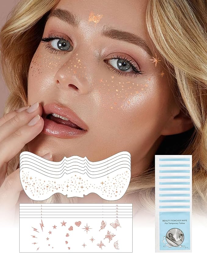 SUMEITANG Glitter Freckles Face Tattoo Patches - 12PCS Temporary Sparkle Face Stickers with 10 Remover Wipes | Waterproof Festival Rave Party Makeup Accessories for Women Girls (Gold)