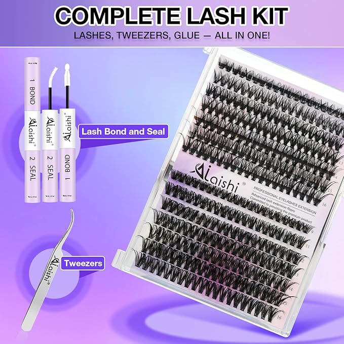 AILAISHI Lash Clusters Kit, DIY Cluster Eyelash Extensions 9‑16mm, 40D+50D, 280pcs Fluffy D Curl Natural Lashes with Bond & Seal,Tweezers–Fake Cat Eye Wispy Individual Clusters