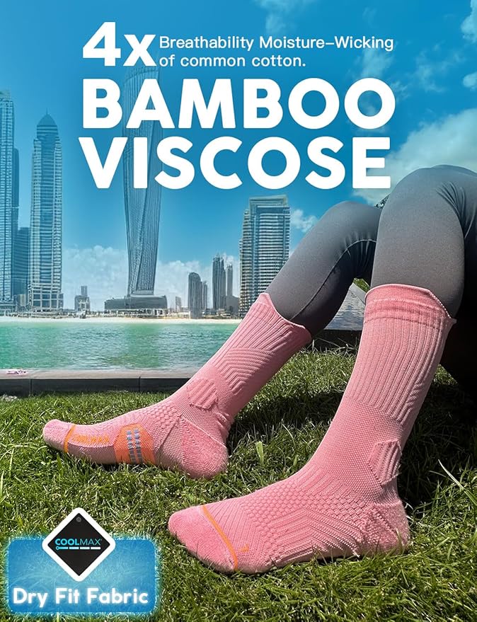 Juclise Womens Coolmax Bamboo Viscose Compression Running Crew Socks, Moisture-Wicking Anti-Blister Hiking&Gym Athletic