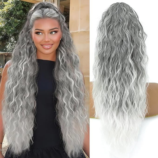 Ponytail Extension, Claw Clip on Pony tails Hair Extension for Women 22 Inch Long Wavy Curly Fake Ponytail Clip in Hair Pieces for Women Fluffy Natural Looking (Omber Grey, 22 Inch)