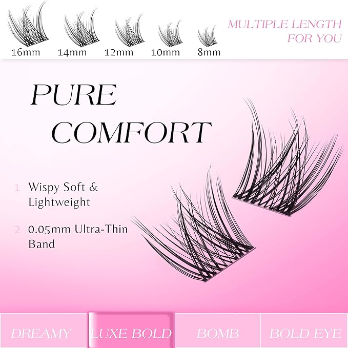 VEYESBEAUTY Lash Clusters Individual Eyelash Extensions Thin & Invisible Band DIY False Eyelashes for Self-application Newbie's Five-Second Series Wispy Lash Tray, LuxeBold 8-16mm Mixed Length