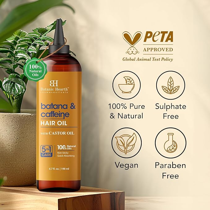Botanic Hearth Hair Oil for Hair Growth & Hair Relaxer | Strengthening Dry, Frizzy, Damaged Hair & Scalp Treatment | Batana & Caffeine Hair Oil – 6.7 Fl Oz