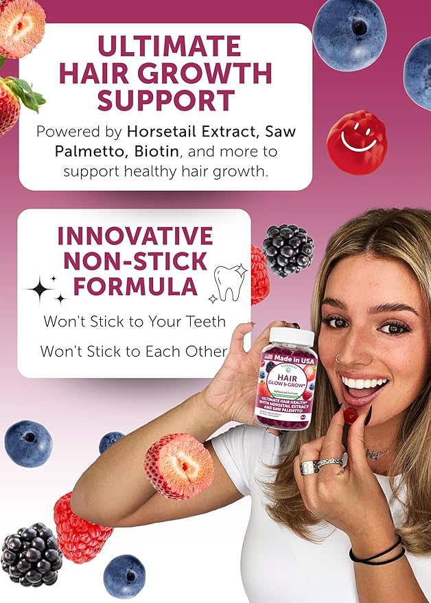 Lunakai USA Made Hair Glow & Grow + Collagen Extra Strength Gummies Bundle – Naturally Flavored, Non-GMO – 60ct Each