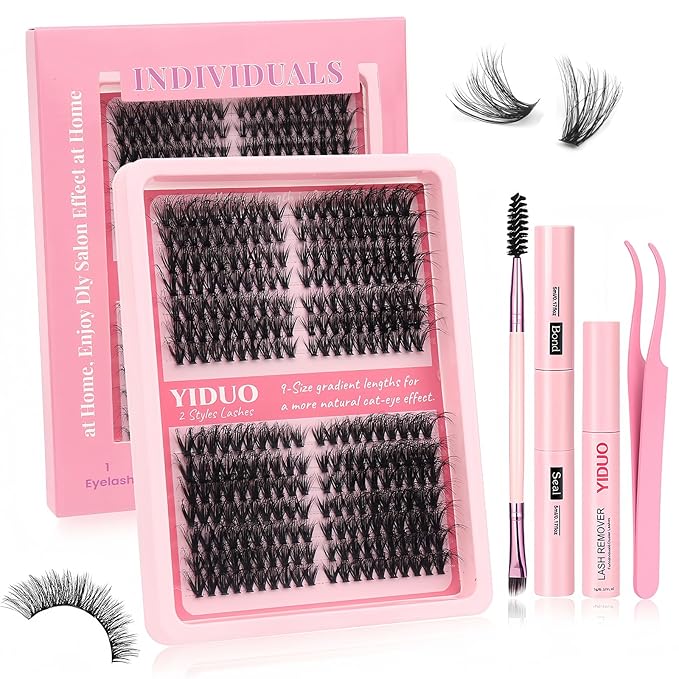 YIDUO Lash Clusters Kit 40D+50D 10-16mm Cat Eye Eyelash Extensions Kit Volume Wispy C/D Curl Left & Right Individual DIY Lash Extension Kit with Glue |Tweezers |Removers |Eyelash & Eyebrow Brush